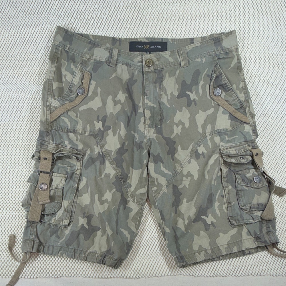 XRAY JEANS Men's Green Camo Cargo Shorts Cotton Canvas Flat Front Button